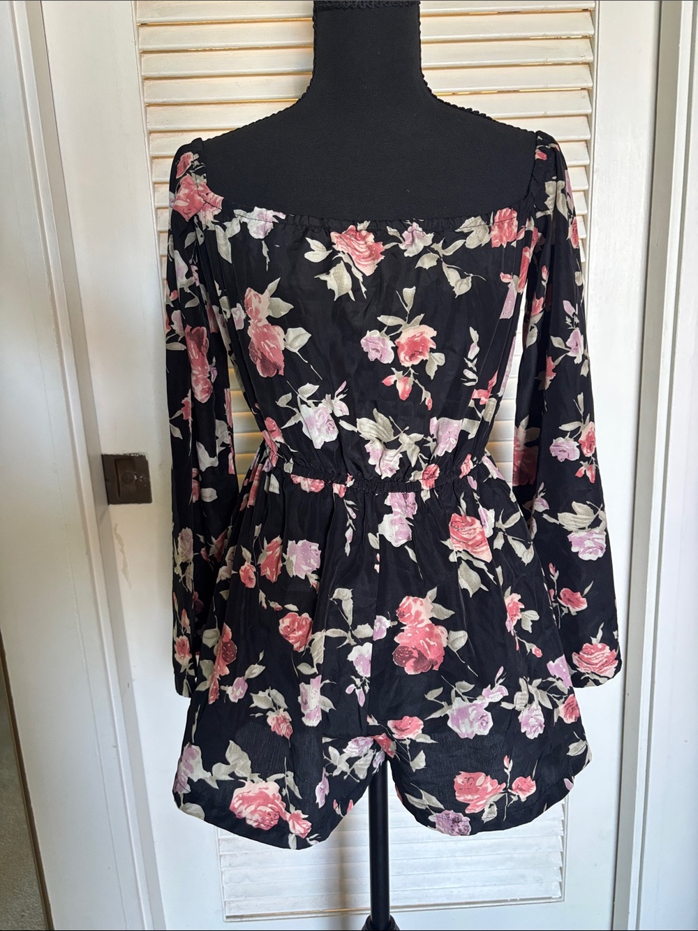 Tobi Black Floral Off-Shoulder Romper with Pink Blooms